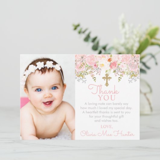 Roos Garden Girl Baptism Foto Bedankkaart (Staand voorkant)