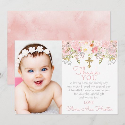 Roos Garden Girl Baptism Foto Bedankkaart (Voorkant / Achterkant)