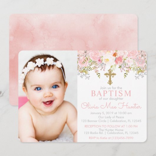 Roos Garden Girl Baptism Fotouitnodiging Kaart (Voorkant / Achterkant)