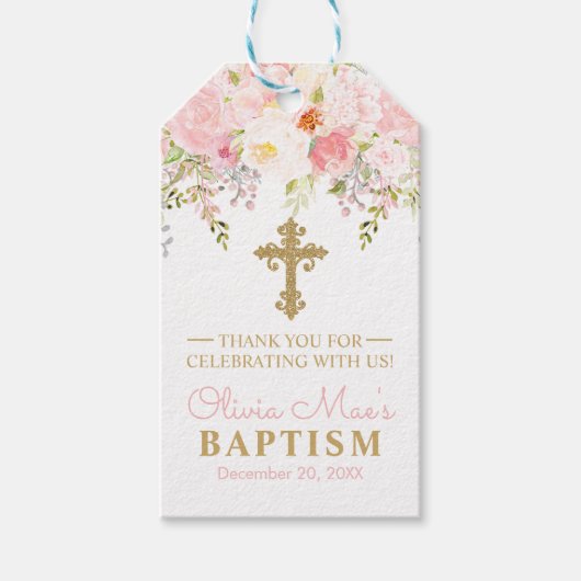 Roos Garden Girl Baptism Pink & Gold Favor Cadeaulabel (Voorkant)
