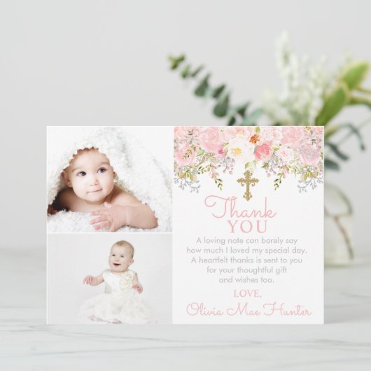 Roos Garden Girl Baptism Twee foto Dank je wel Bedankkaart (Staand voorkant)