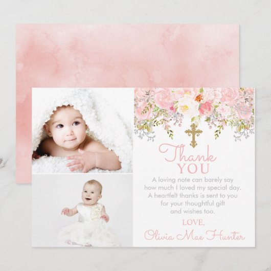 Roos Garden Girl Baptism Twee foto Dank je wel Bedankkaart (Voorkant / Achterkant)