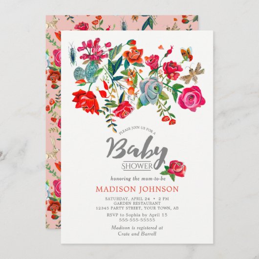 Roos Garden | Roze | BABY SHOWER | Uitnodigingen (Voorkant / Achterkant)