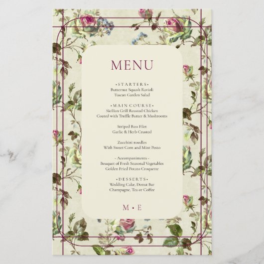 Roos Garden Vintage bruiloft menu (Voorkant)