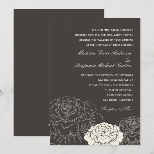 Roos Garden Wedding Invitation - Charcoal Kaart (Voorkant / Achterkant)