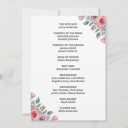 Roos Garden Wedding Program Breide Kaart (Achterkant)