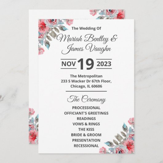 Roos Garden Wedding Program Breide Kaart (Voorkant / Achterkant)