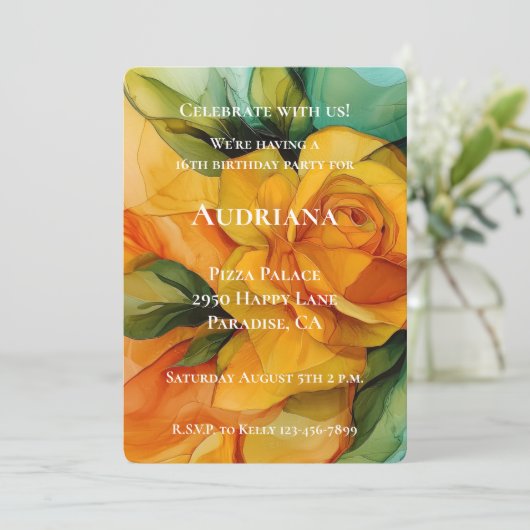 Roos Geel Groen Bloemen Verjaardag Kaart (Staand voorkant)