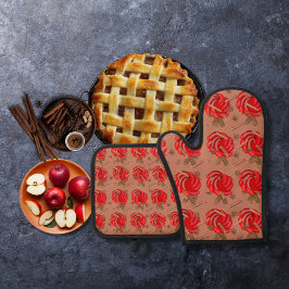 Roos geïnspireerde appels en specerijen bruin ovenwant & pannenlap set