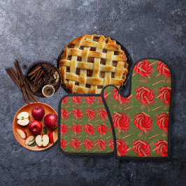 Roos geïnspireerde appels en specerijen groen ovenwant & pannenlap set