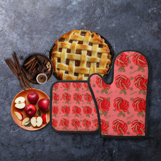Roos geïnspireerde appels en specerijen roze ovenwant & pannenlap set