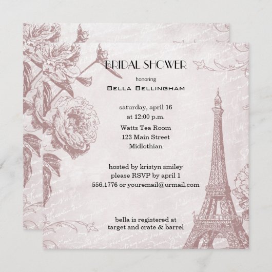 Roos gekleurde Eiffeltoren bruidsdouche uitnodigin Kaart (Voorkant / Achterkant)
