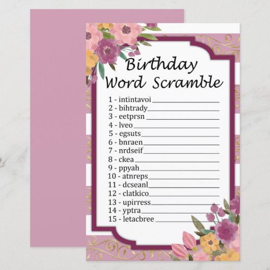 Roos gestripte 'Birthday' Word Scramble Game (Voorkant / Achterkant)