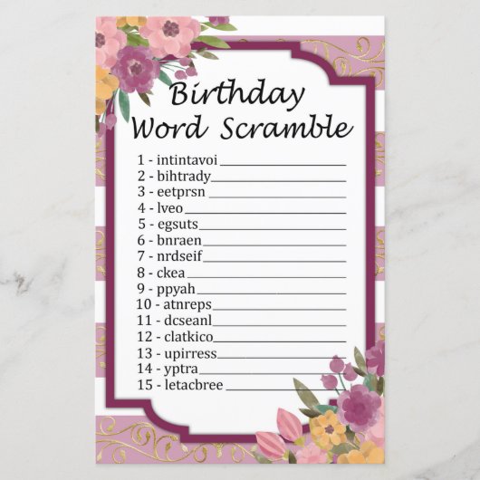 Roos gestripte 'Birthday' Word Scramble Game (Voorkant)