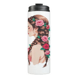 Roos Gevlochten Haar Bloemen T-shirt voor Vrouwen Thermosbeker