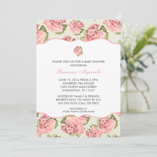  Roos Girl Baby shower Invite Kaart (Staand voorkant)