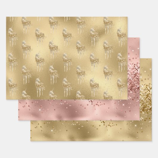 Roos Glam Gold Glitzy Sparkle Glitter Eenhoorn Inpakpapier Vel (Set)