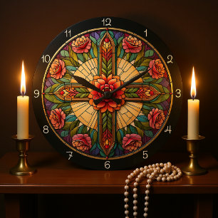 Roos Glas in lood Cross Grote Klok