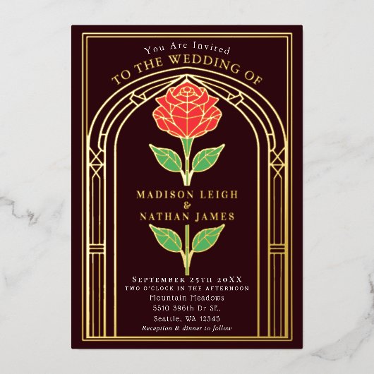  Roos Glas in lood Victoriaans Boog Wedding Folie Uitnodiging (Voorkant)