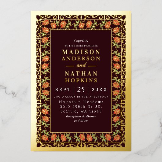  Roos Glas in lood Victoriaans bruiloft Folie Uitnodiging (Voorkant)