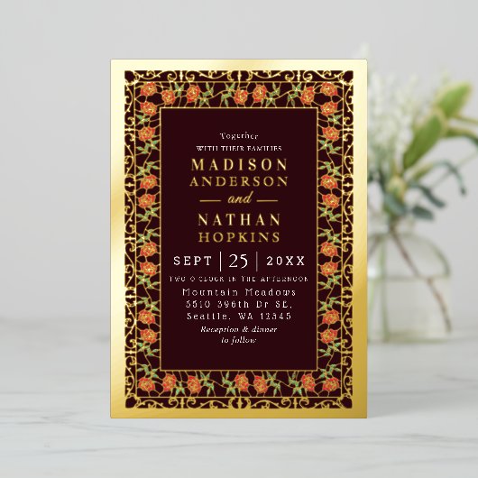  Roos Glas in lood Victoriaans bruiloft Folie Uitnodiging (Staand Voorkant)