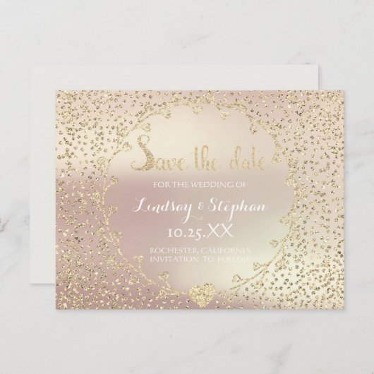 Roos Glitter Confetti Champaigne Save the Date Aankondigingskaart (Voorkant / Achterkant)