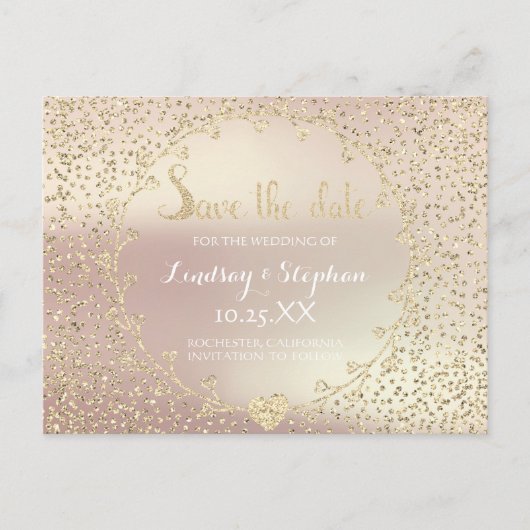 Roos Glitter Confetti Champaigne Save the Date Aankondigingskaart (Voorkant)