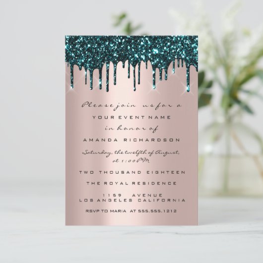 Roos Glitter Drips Blauwgroen Vrijgezellenfeest Sw Kaart (Staand voorkant)