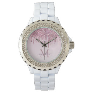 Roos Glitter Druppels Gepersonaliseerd Monogram En Horloge