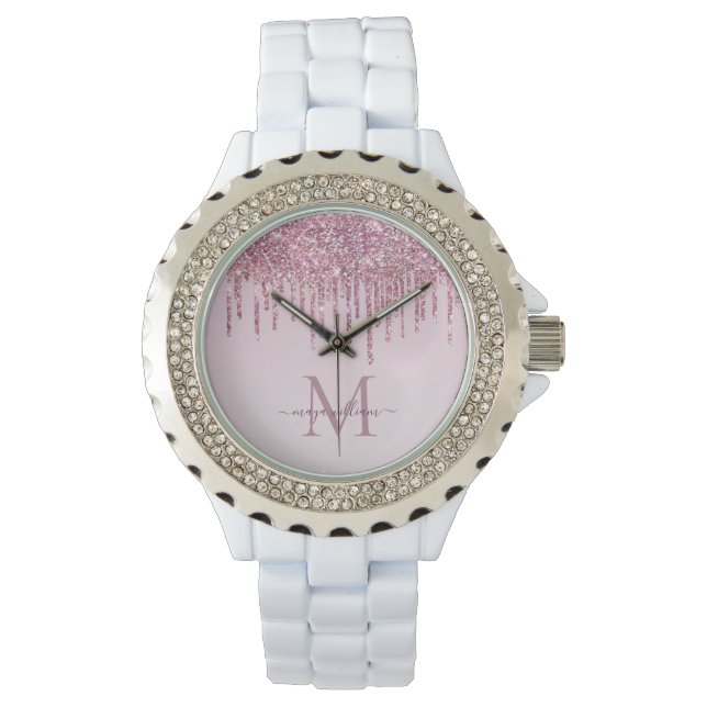 Roos Glitter Druppels Gepersonaliseerd Monogram En Horloge (Voorkant)