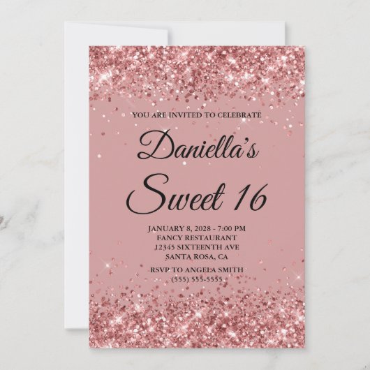 Roos Glitter en Dusty Pink Sweet 16 Kaart (Voorkant)