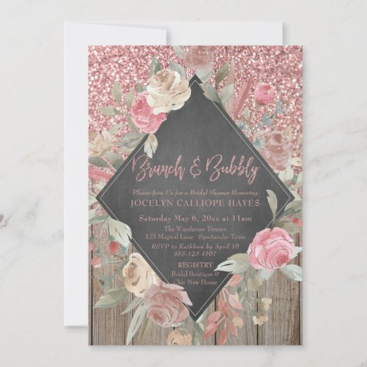 Roos Glitter Hout Bloemen Chalkboard Brunch Bubbly Kaart (Voorkant)