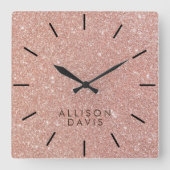 Roos Glitter Modern Vierkante Klok (Voorkant)