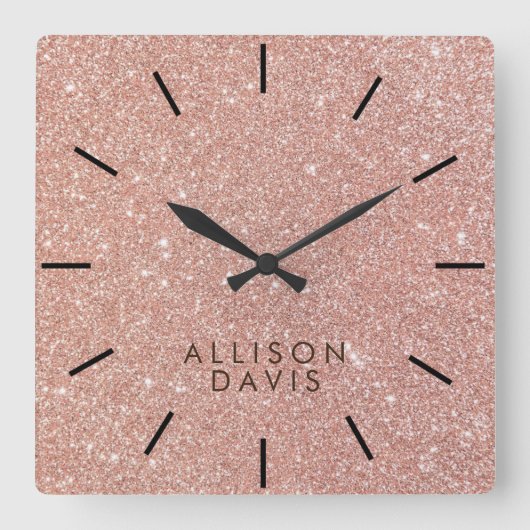 Roos Glitter Modern Vierkante Klok (Voorkant)