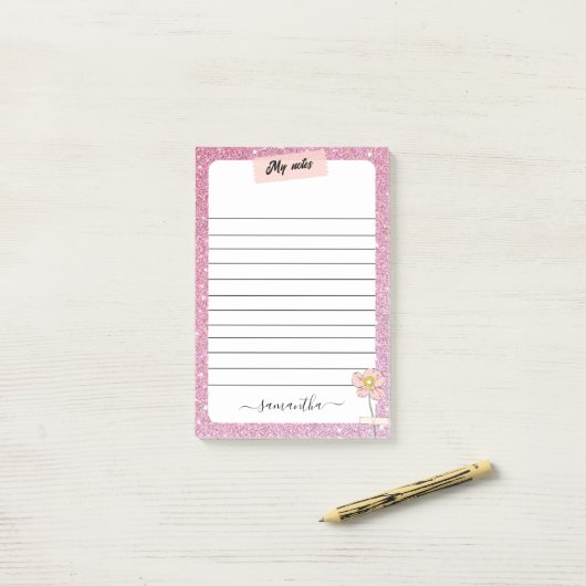 Roos Glitter Monogram Naam Post-it® Notes (Op bureau)