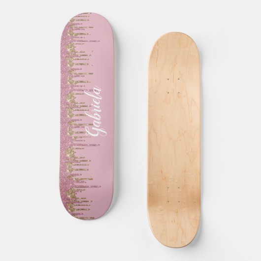 Roos Glitter Skateboard w / Naam (Voorkant)