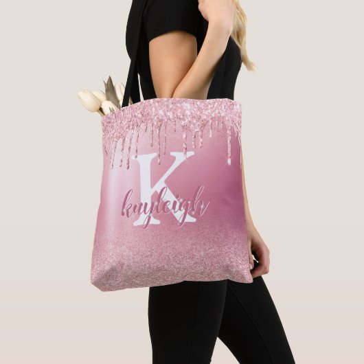 Roos Glitter Sparkle Borkle geborsteld Metaal Mono Tote Bag (Dichtbij)