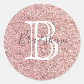 Roos Glitter Sparkles Monogram Naam Ronde Sticker (Voorkant)