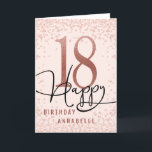 Roos God & Blush roze 18th Birthday Kaart<br><div class="desc">Moderne 18e verjaardagskaart heeft een ruitroze lijst,  roos gouden nummer 18 op een wazige roze achtergrond en een typografie script 'gelukkige verjaardag'. Personaliseer met een naam.</div>