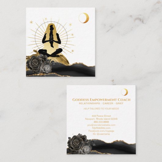 *~* Roos Goddess Black Gold Yoga Moon  Vierkante Visitekaartje (Voorkant / Achterkant)