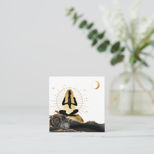 *~* Roos Goddess Black Gold Yoga Moon  Vierkante Visitekaartje (Staand voorkant)