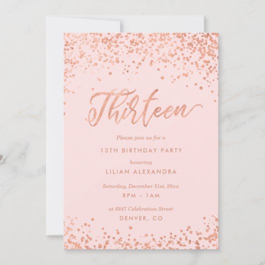 Roos Gold 13e verjaardag Folie uitnodiging tot het (Voorkant)