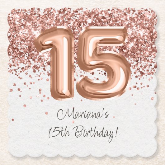 Roos Gold 15e verjaardagsfeestje Kartonnen Onderzetters (Voorkant)