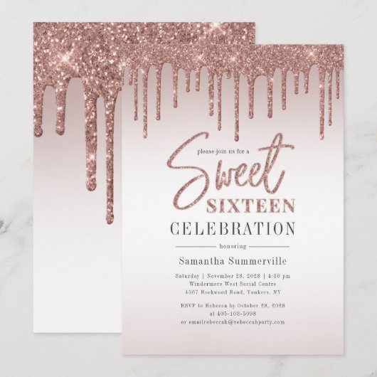 Roos Gold 16e Verjaardag Script Party Kaart (Voorkant / Achterkant)