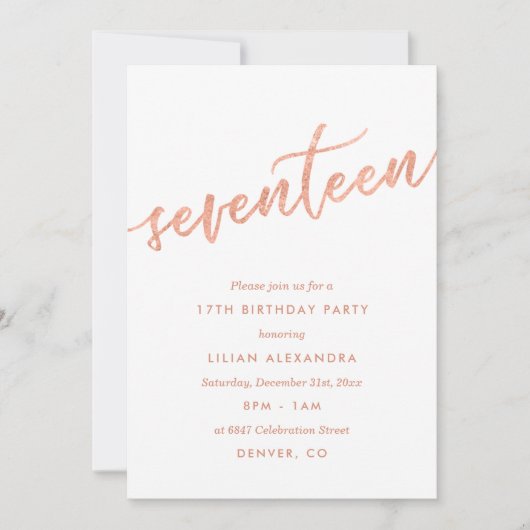 Roos Gold 17th Birthday Party Invitation Faux Foli Kaart (Voorkant)