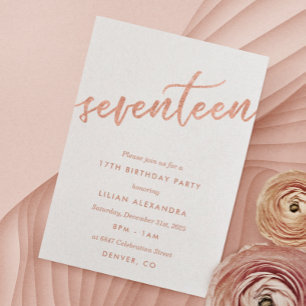 Roos Gold 17th Birthday Party Invitation Faux Foli Kaart