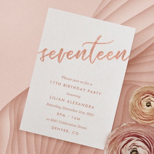 Roos Gold 17th Birthday Party Invitation Faux Foli Kaart