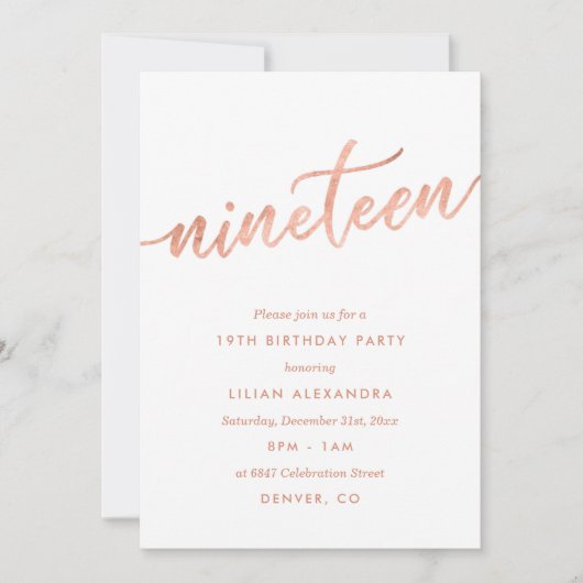 Roos Gold 19e verjaardag Folie uitnodiging tot het (Voorkant)