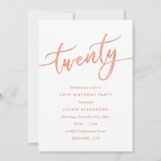 Roos Gold 20th Birthday Party Invitation Faux Foli Kaart (Voorkant)