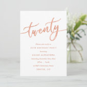 Roos Gold 20th Birthday Party Invitation Faux Foli Kaart (Staand voorkant)